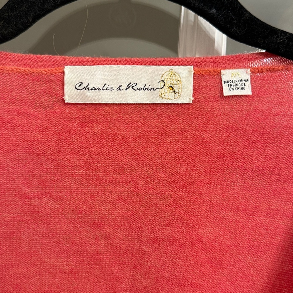 ANTHROPOLOGIE CHARLIE & ROBIN Womens Coral Pink Wrap Front Floral Button Sweater - Picture 2 of 4